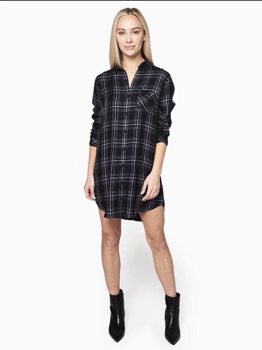 Rails Bianca Shirt Dress Black White Plaid Long Sleeve Button Front Size Small